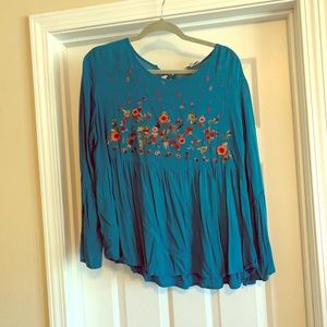 Blue and embroidered peasant style top